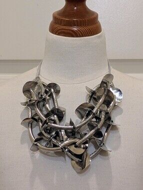 EUC 19" Handmade Mixed Media Silver Statement Necklace with Metal Discs
